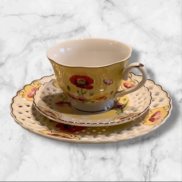 Grace Teaware Poppy Floral Cup & Lattice Saucer Set With Salad Plate 3pc Set - Picture 1 of 16